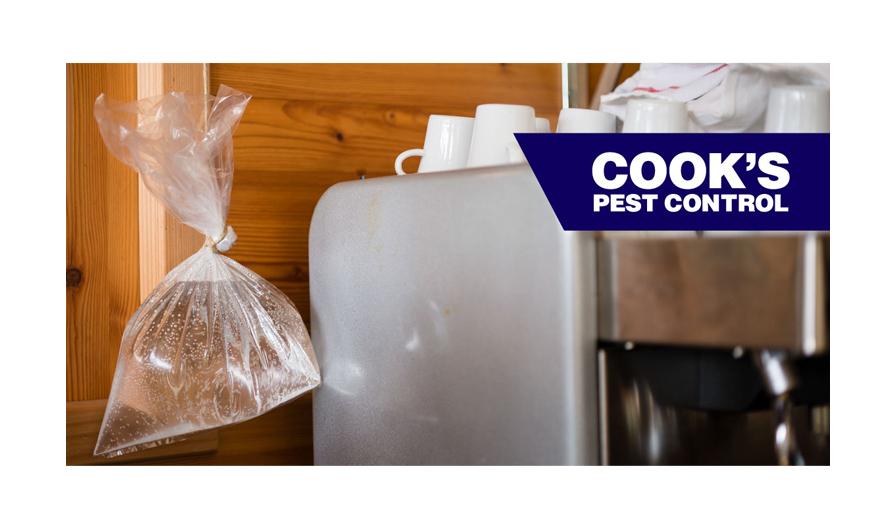 A water-filled plastic bag hangs near a kitchen counter with coffee mugs and a coffee maker, with the Cook's Pest Control logo displayed prominently on the right side.