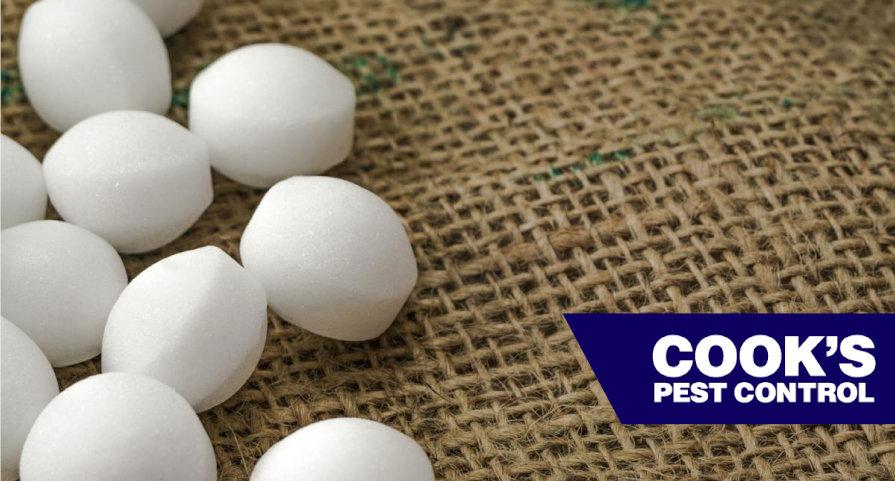 Several white, spherical moth balls placed on a burlap fabric surface, with Cook's Pest Control logo in the corner.