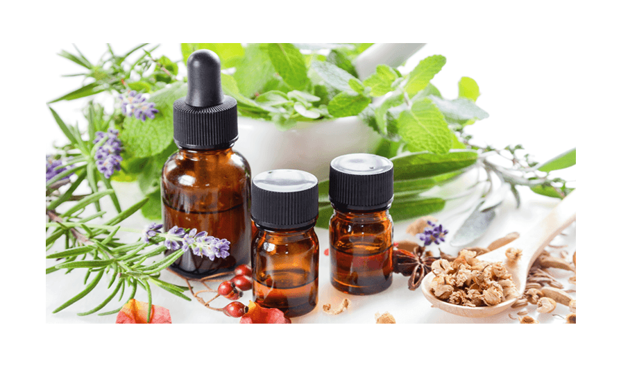 Several bottles of essential oils for pest control with leaves in the background.